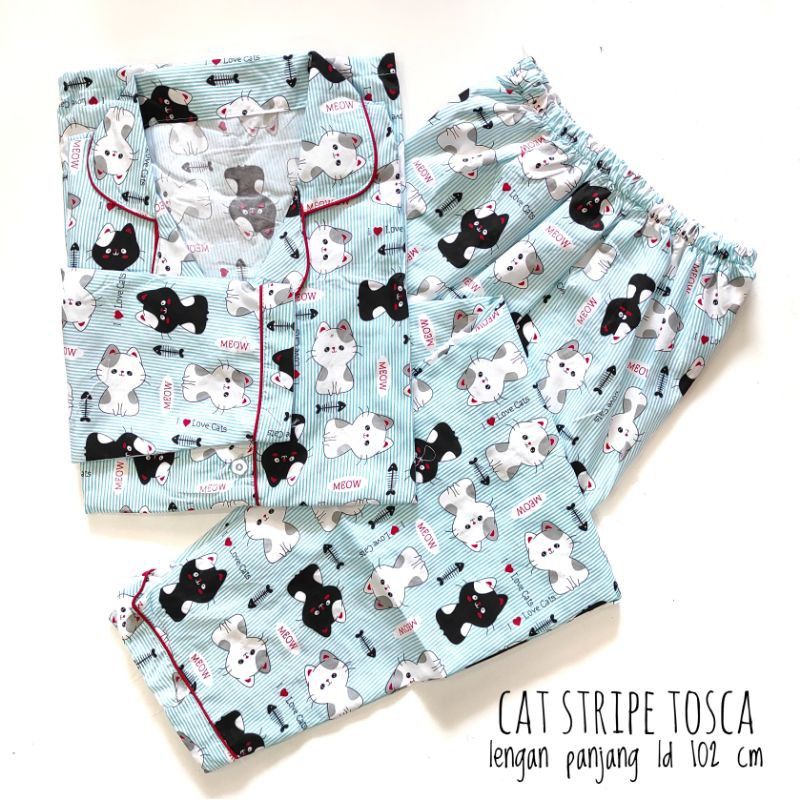baju tidur piyama dewasa LENGAN PANJANG L muat bb 55 kg setelan piyama baju tidur-Cat strip toska ppl