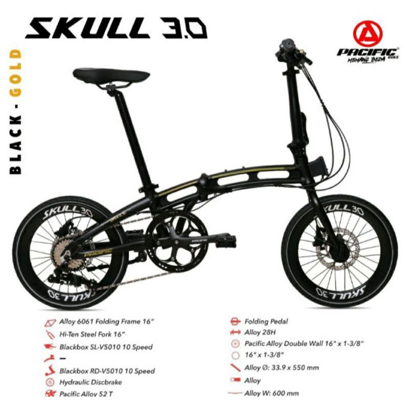 Sepeda Lipat 16 inch Pacific Skull 3.0 10 Speed Alloy Hidrolik Double Disc