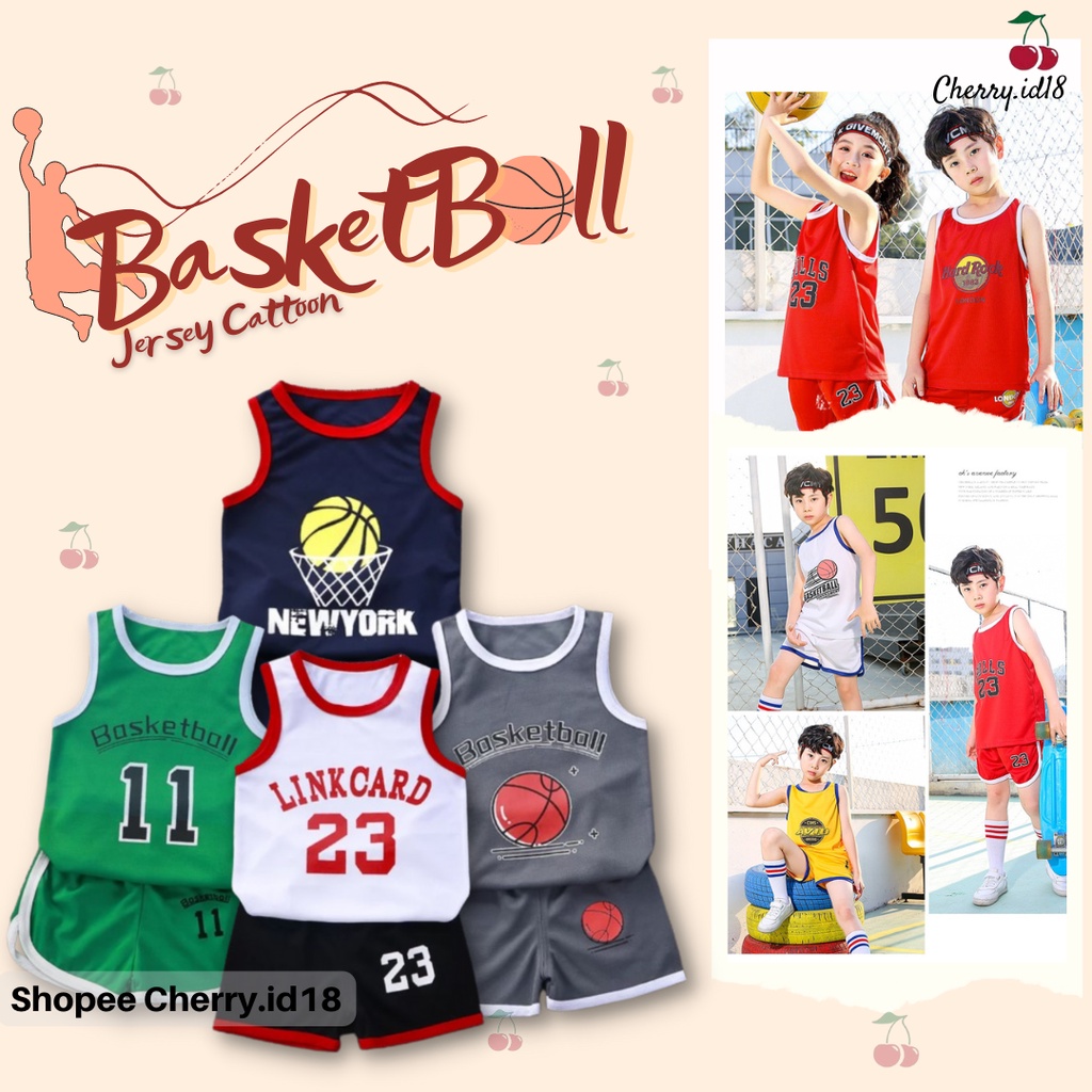 Cherry COD Setelan Baju Basket Anak Import Bahan Jersey / Baju Anak Laki Laki / Baju Singlet Anak / Baju Oblong Anak SB39