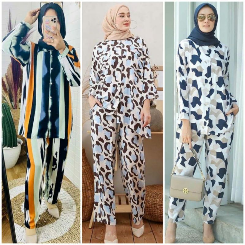 (XXL) Pattern Homey Set - Setelan Piyama Katun Rayon Baju Tidur Wanita