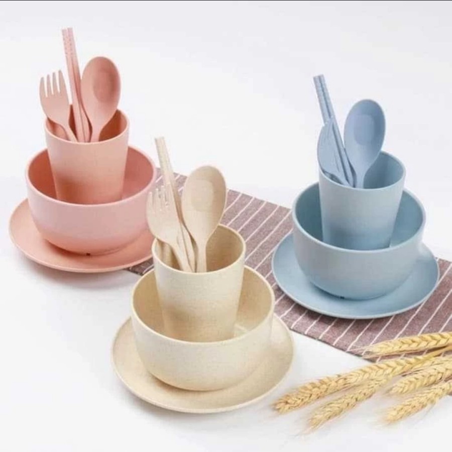 Wheat Straw Cutlery Set 6 in 1 Alat Makan Jerami Piring Gelas Mangkok