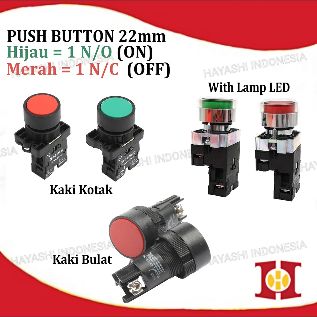 Push Button Tombol Lampu LED 22mm 25mm On Off Merah Hijau Start Stop