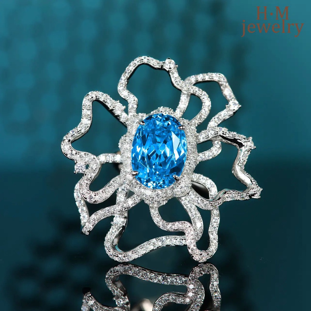 Set Kalung Anting Stud Cincin Desain Pita Aksen Berlian Topaz Biru