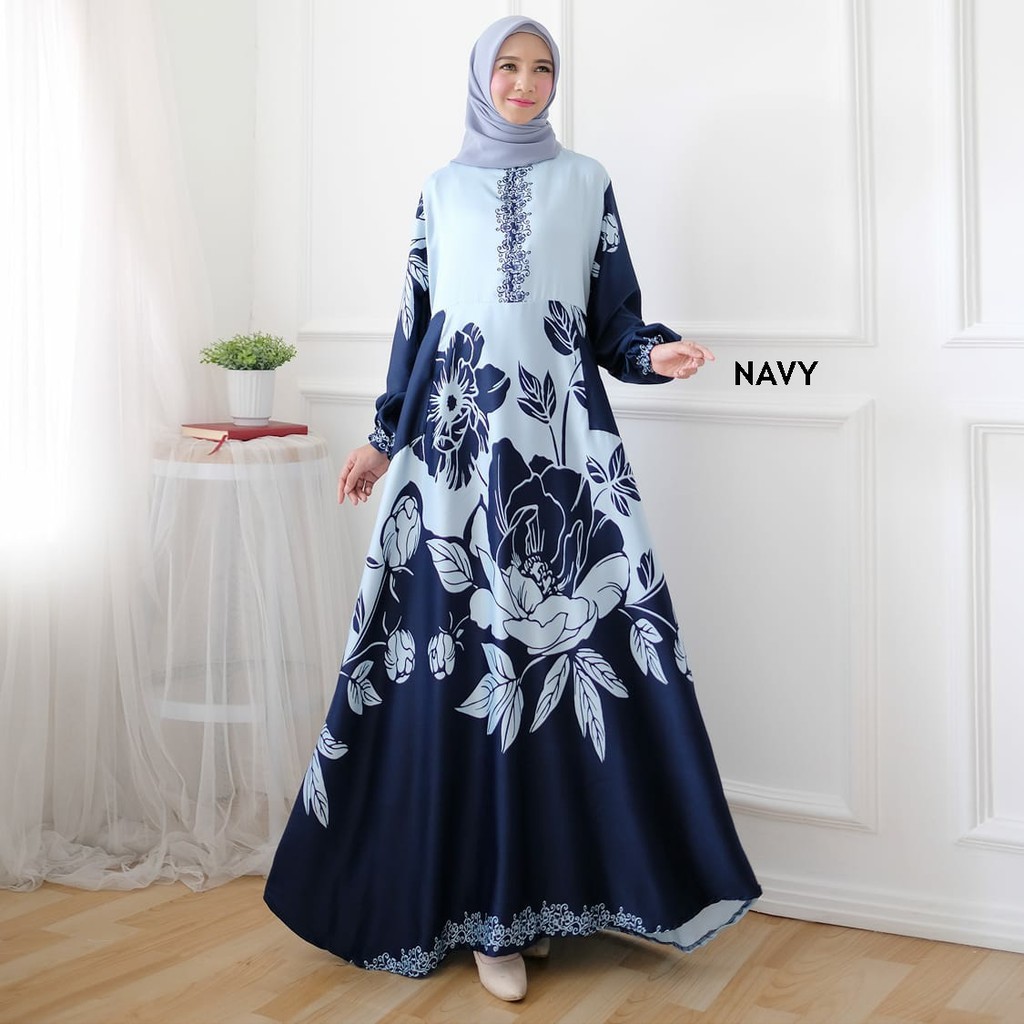 Gamis Maxi Dress bahan Maxmara Motif Bunga Fashion Muslim Wanita Sabiza