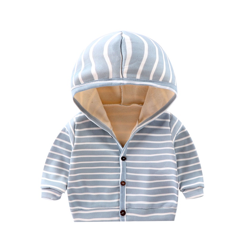 Jaket Hoodie Anak Bayi Perempuan Laki Laki Import Katun Fleece Premium Model Kancing Motif Garis 0 1 2 3 tahun