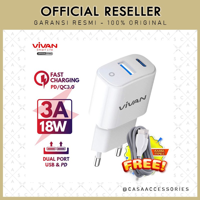 Vivan Power Super II 18W 3A QC3.0 Dual Port Fast Charging PD USB-C / Travel Charger Vivan