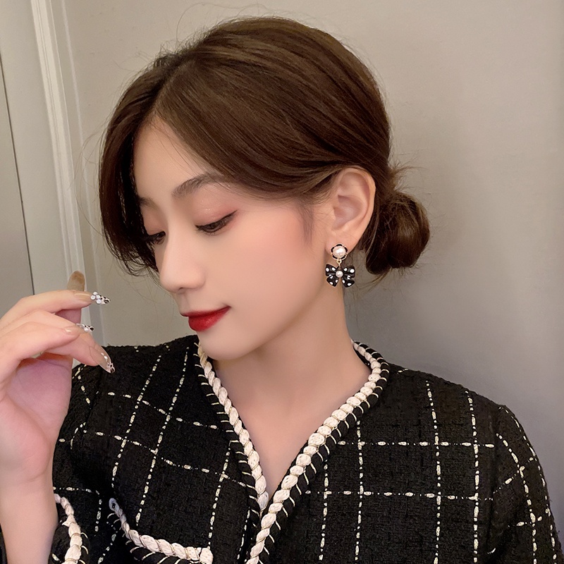 Anting Mutiara Busur Polkadot Hitam Vintage Aksesoris Telinga Korea Wanita