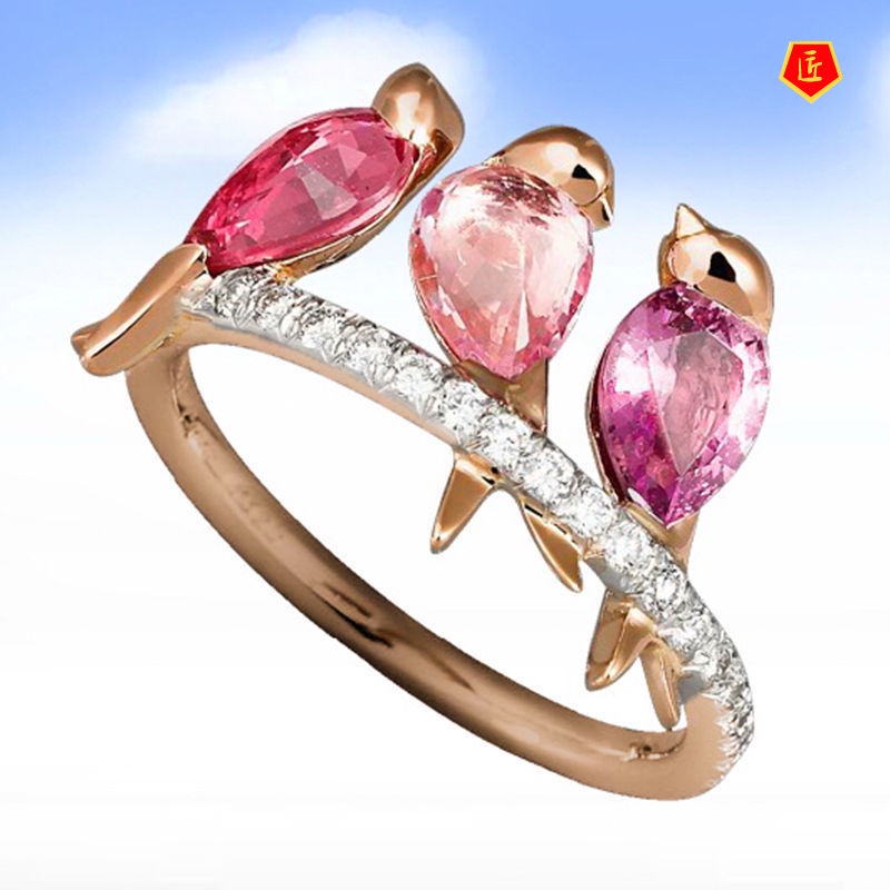 [Ready Stock]Creative Rose Gold 3 Bird Ring Inlaid with Ruby Pink Diamond