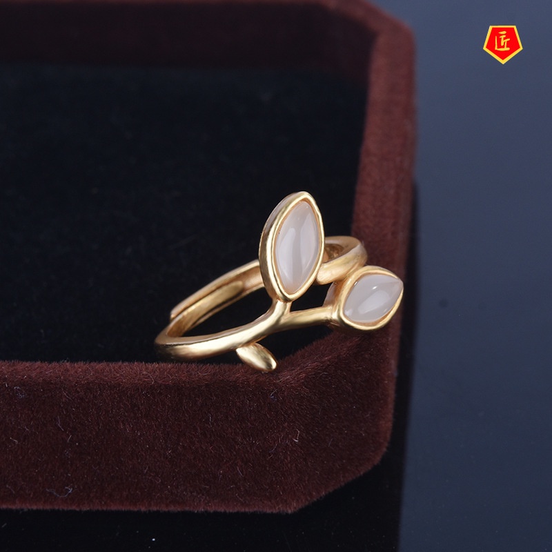 [Ready Stock]Elegant Inlaid White Jade Gold Ring Simple Personality