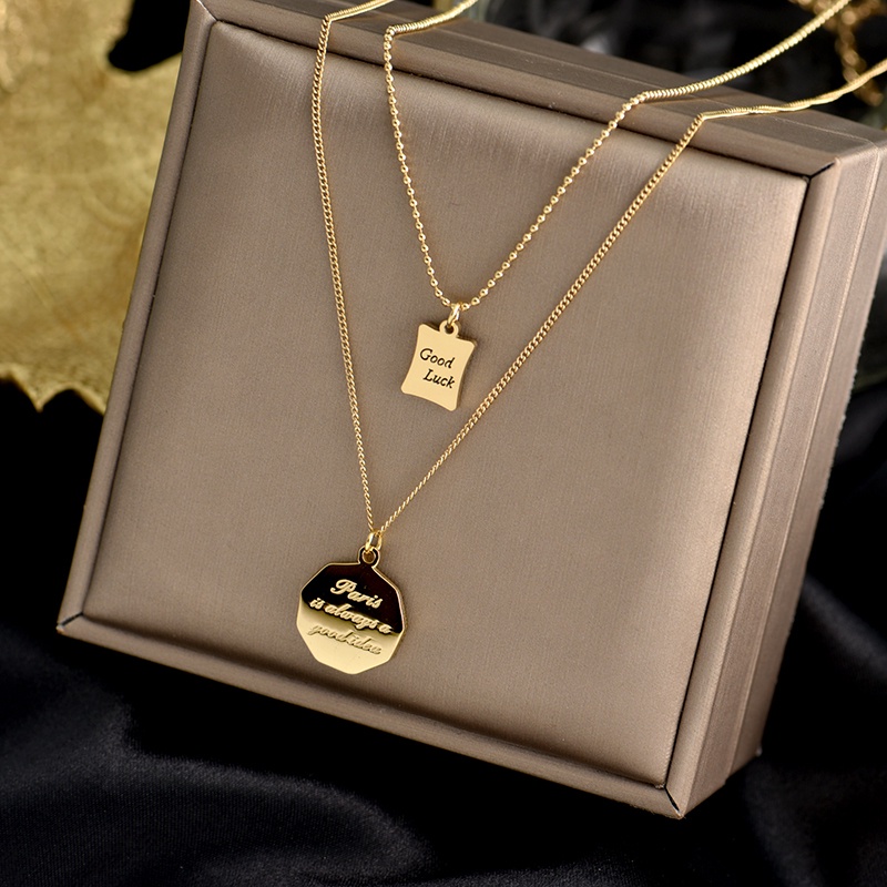 Golden Love Love Good Luck Round Brand Square Brand Geometric Double-layer Titanium Steel Men and Women Clavicle Chain Necklace Korean Fashion Jewelry