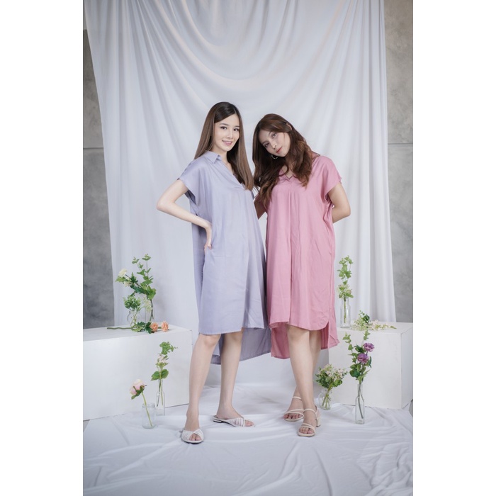 Terusan Baju Tidur NARA Midi Dress Berkerah Tanpa Kancing Rayon Adem