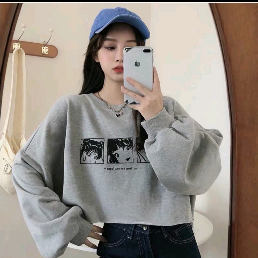 ANIME CROOPE SWEATER CROOPE OBLONG WAANITA - BAHAN FLECEE