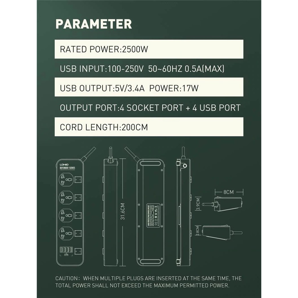 LDNIO SC4408 - Power Strip with 4 Universal Plug and 4 USB Port - Stop Kontak dengan port USB