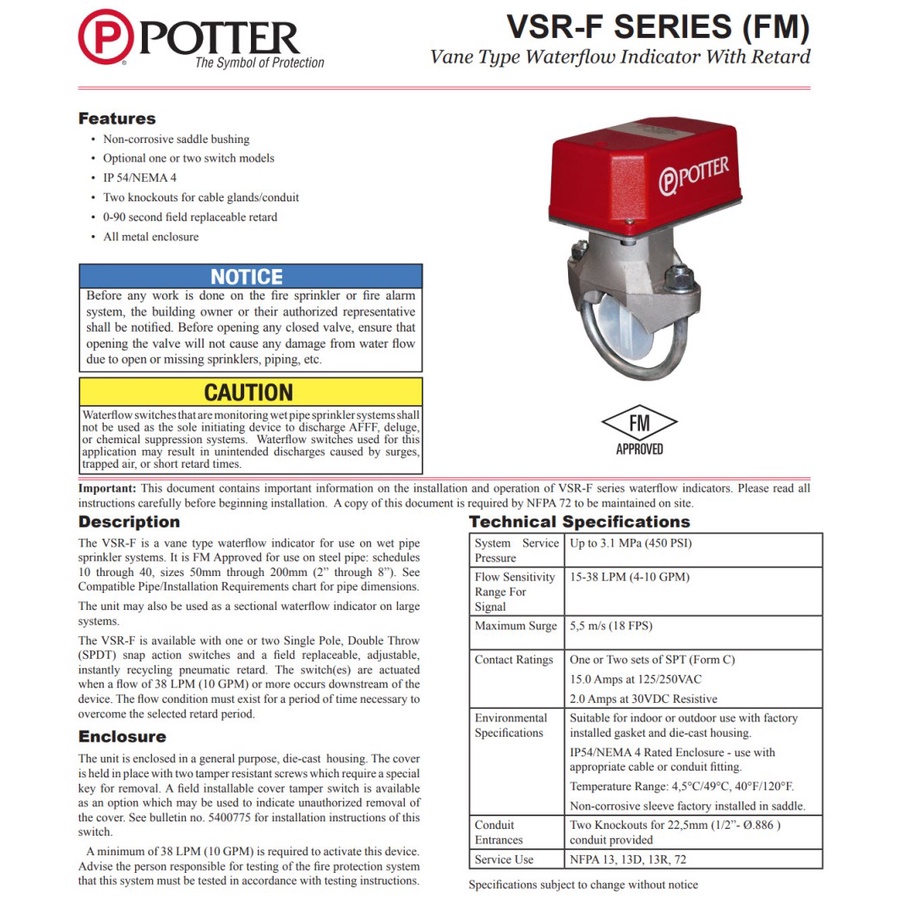 Flow Switch / Waterflow Detector (Potter) 2.5&quot; 3&quot; 4&quot; 6&quot;