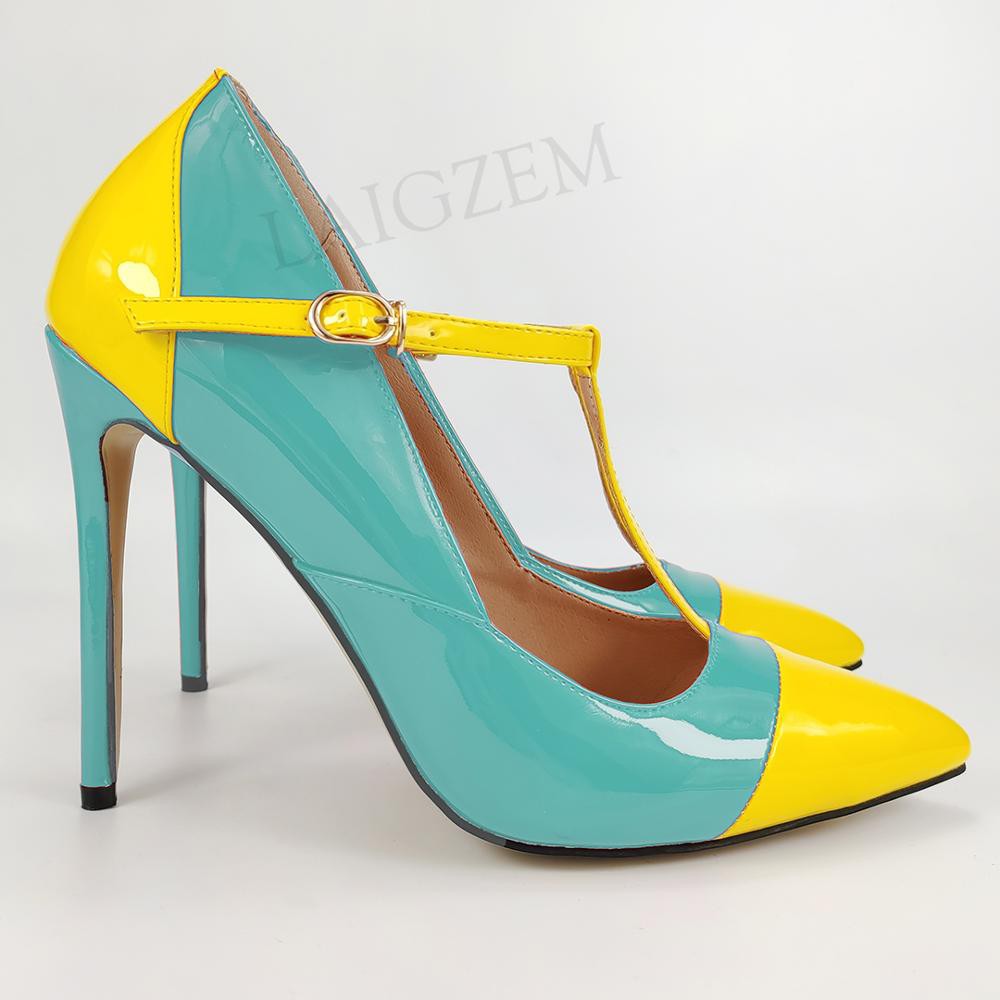 LAIGZEM Color Contrast Women Heels Patchwork T Strap Stiletto High Heels Pumps  Salto Alto Shoes