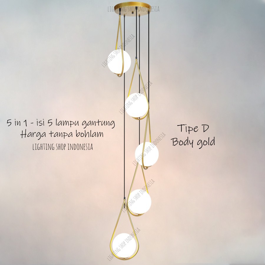 Lampu gantung void tangga 5in1 gold hitam kaca modern minimalis 5lampu