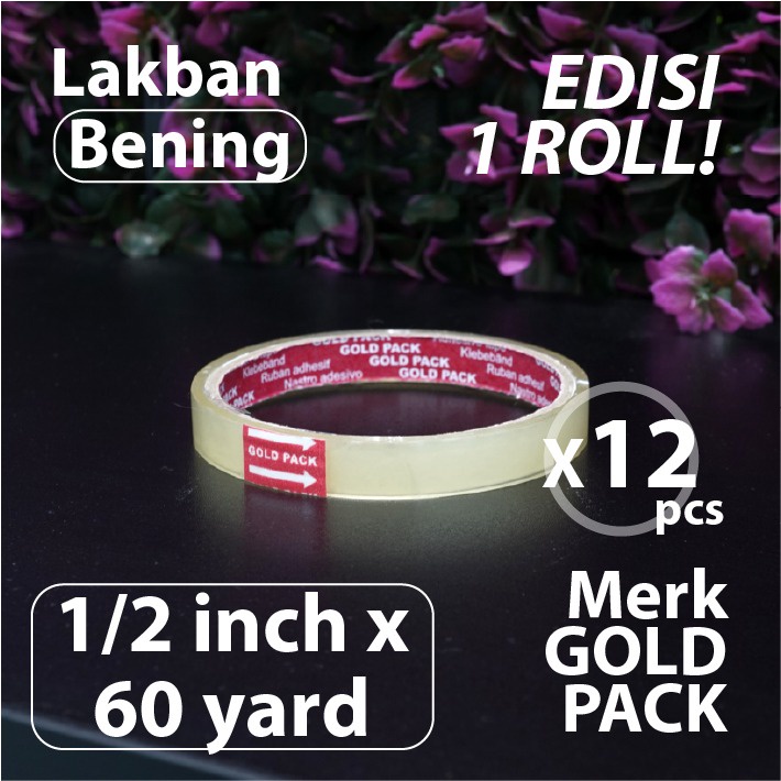

Paket 12 pcs - Isolasi Bening 0.5 inch x 60 yard - Merk Gold Pack