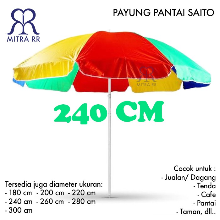 Payung Pantai UV Pelangi Taman Cafe Tenda Jualan Dagang Parasol Saito 240 cm - Free Packing Bubble Wrap dan Dus