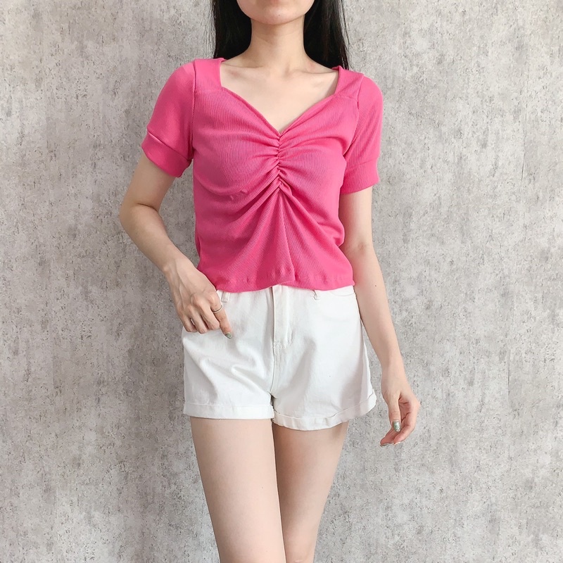 LESYA TOP BAJU ATASAN BLOUSE WANITA BAHAN RIB RAJUT KNIT LENGAN PENDEK V NECK VNECK V-NECK POLOS GREEN LATTE GREY WHITE BLACK FUCHSIA BROWN ARMY BRICK TERRACOTA BATA LAVENDER PURPLE PINK LIGHT GREEN TEA PASTEL GREEN DARK BLUE-1