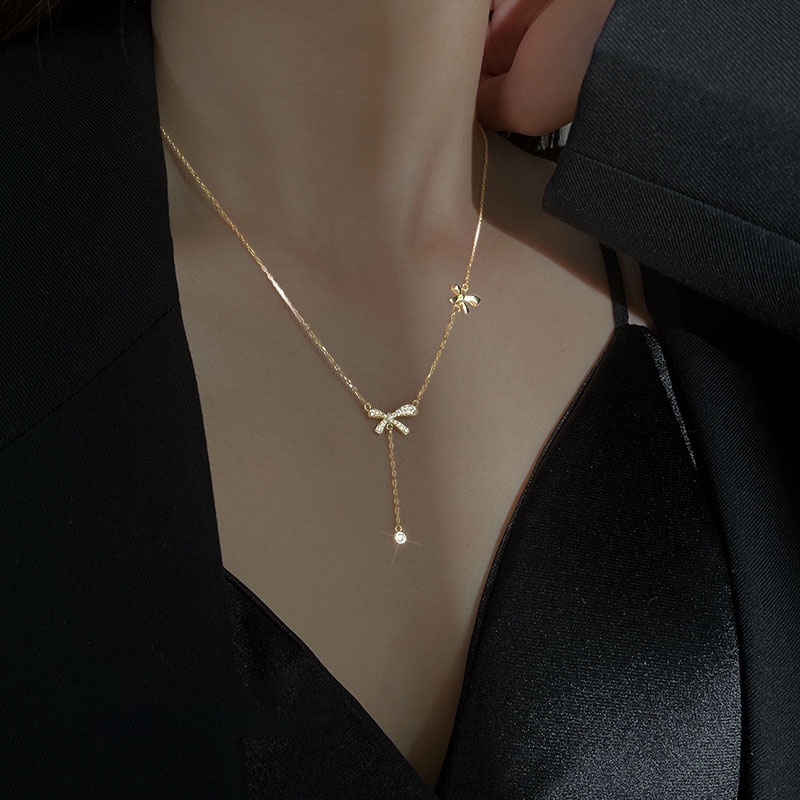 Kalung Rantai Sterling Silver 925 Dengan Liontin Pita Hias Berlian Imitasi Untuk Wanita