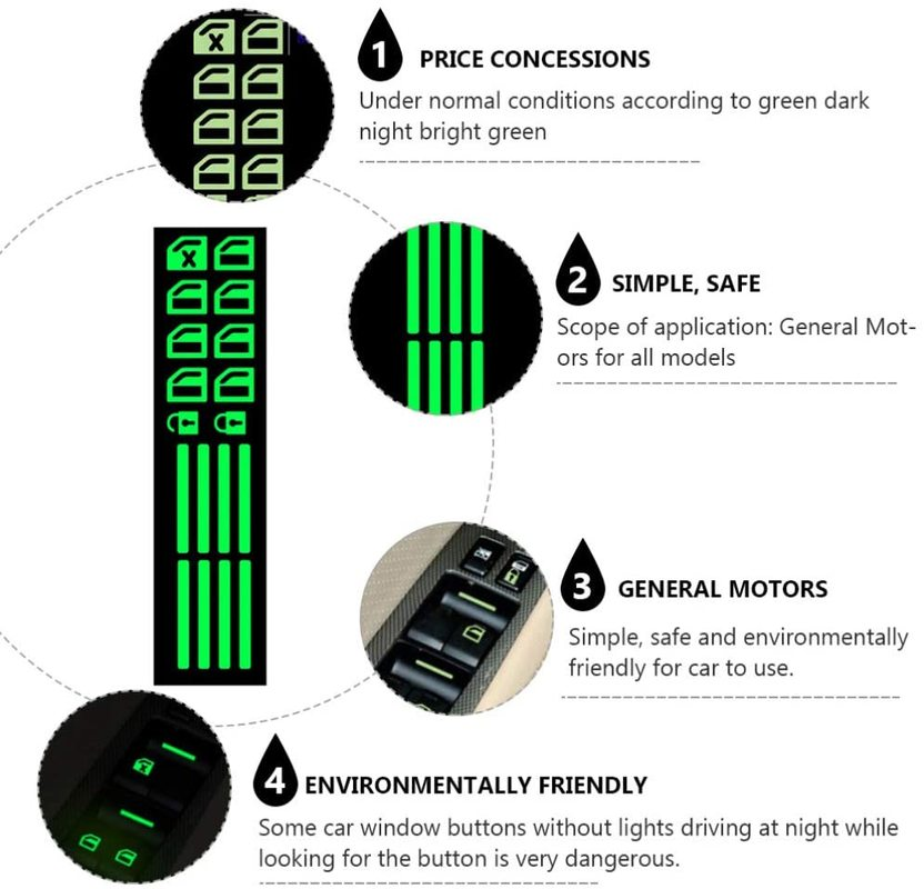 Car Window Luminous Button Sticker/ Glow In The Dark Car Door Handle Switch Button Stickers/ Universal Automobile Night Safety Fluorescent Decals/ Interior Car Care