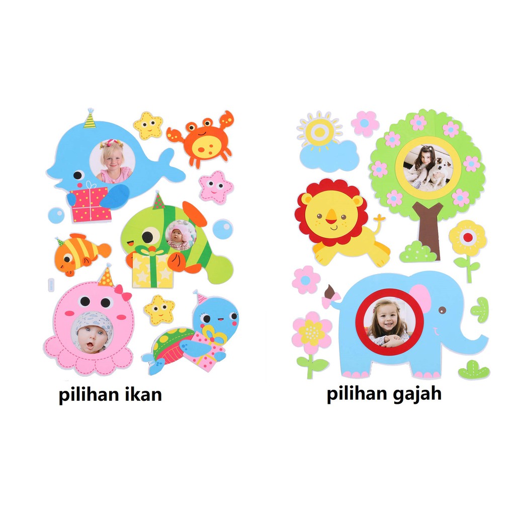 ROOM DECAR Gajah / Ikan / Burung / Unicorn - Frame Foto Dengan Stiker 3D Bahan Busa Aman Untuk Anak