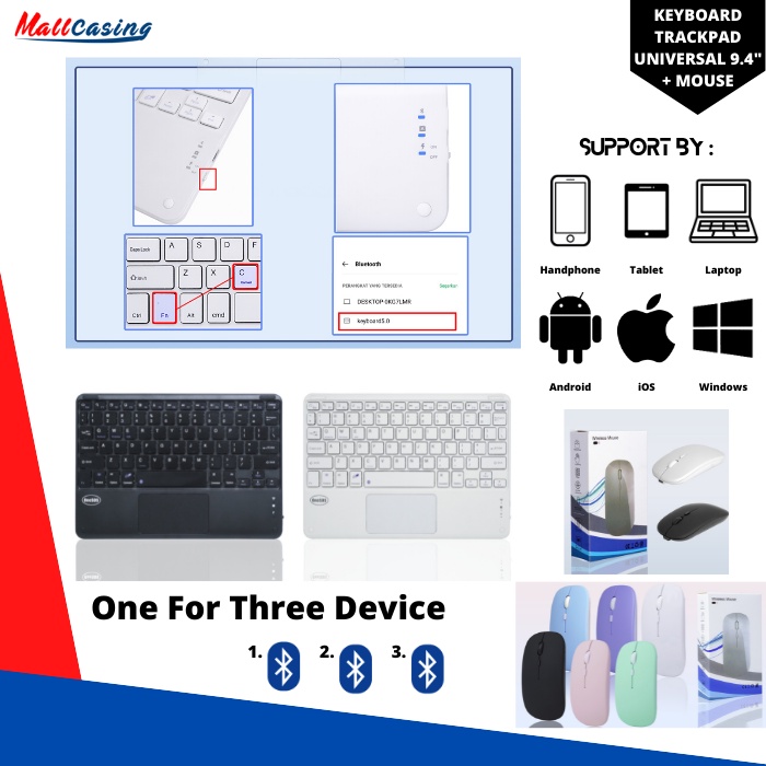 PAKET SUPER LENGKAP Keyboard Wireless Bluetooth Touchpad / Trackpad For Tablet Smartphone Komputer Laptop Universal 9.4&quot;