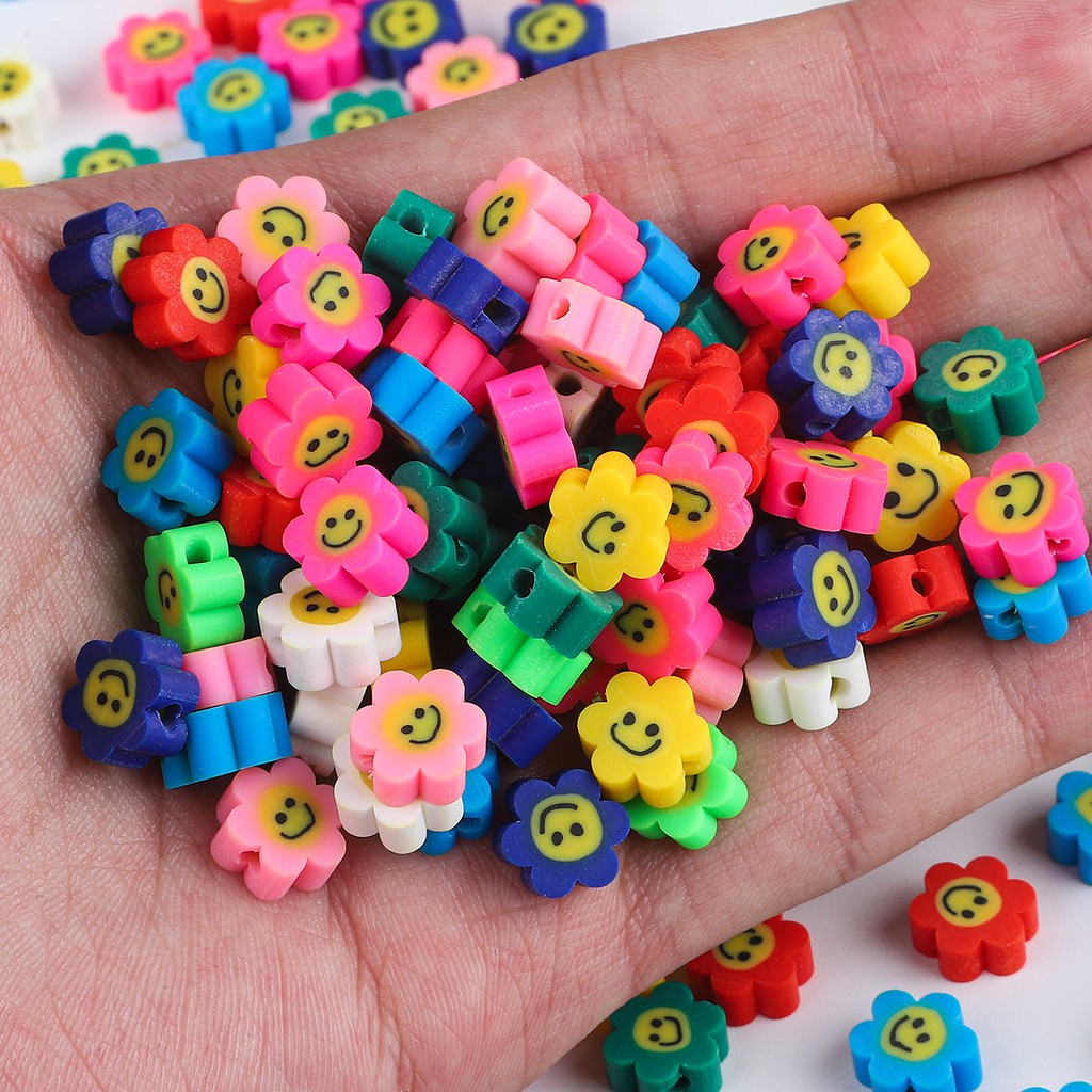 30pcs 10mm Flower Smile Polymer Clay Spacer Smile-Face Beads For Jewelry Making DIY Bracelet Necklace Accessories