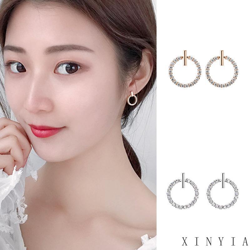 【Bayar di tempat】Anting Bentuk Lingkaran Geometris Aksen Berlian Gaya Korea