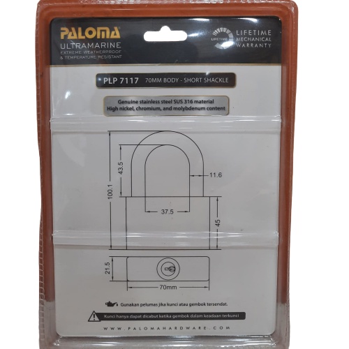 PALOMA PLP 7117 Gembok Padlock 70MM SHORT Anti Cut STAINLESS SUS 316