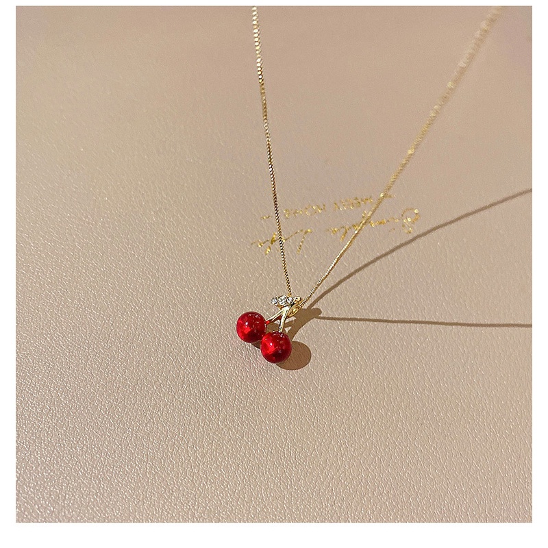 Kalung Rantai Klavikula Desain Cherry Warna Merah Gaya Korea Untuk Wanita