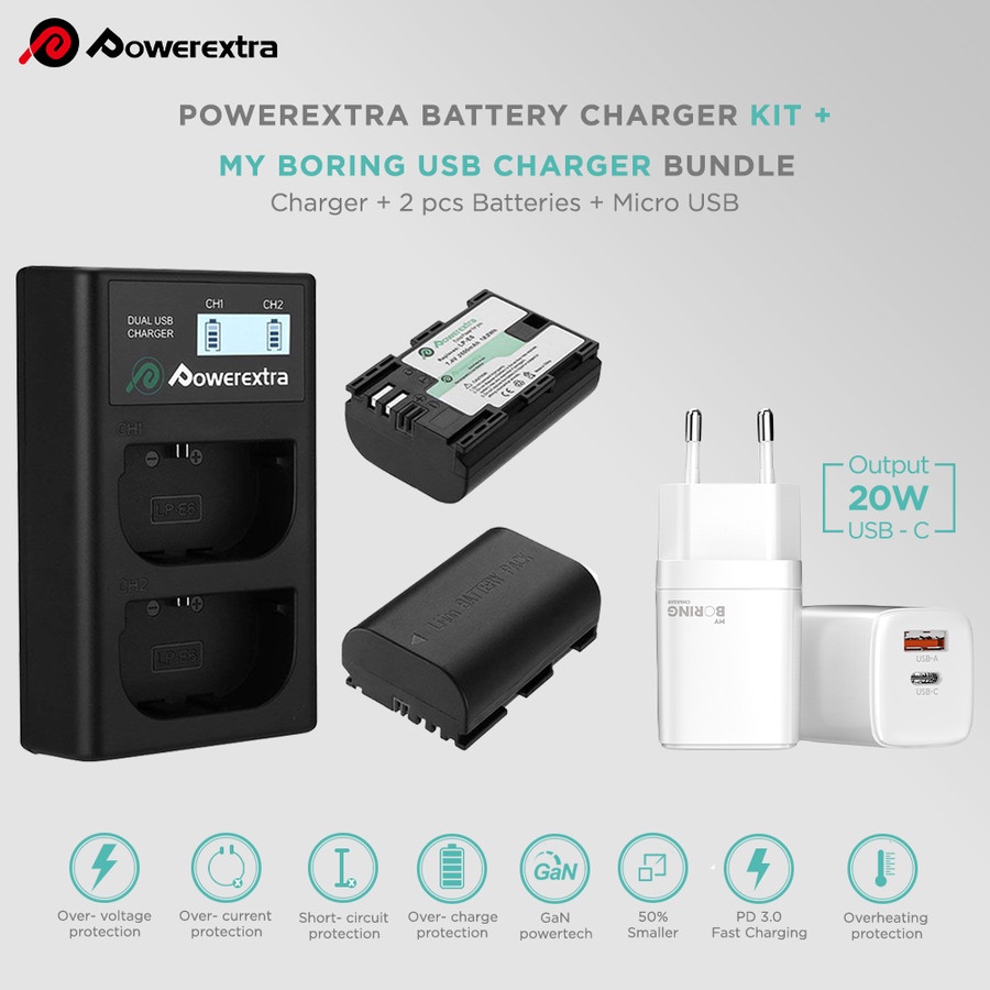 Powerextra Baterai Canon LP-E6 2 Pack With Dual Charger + Fast Adaptor