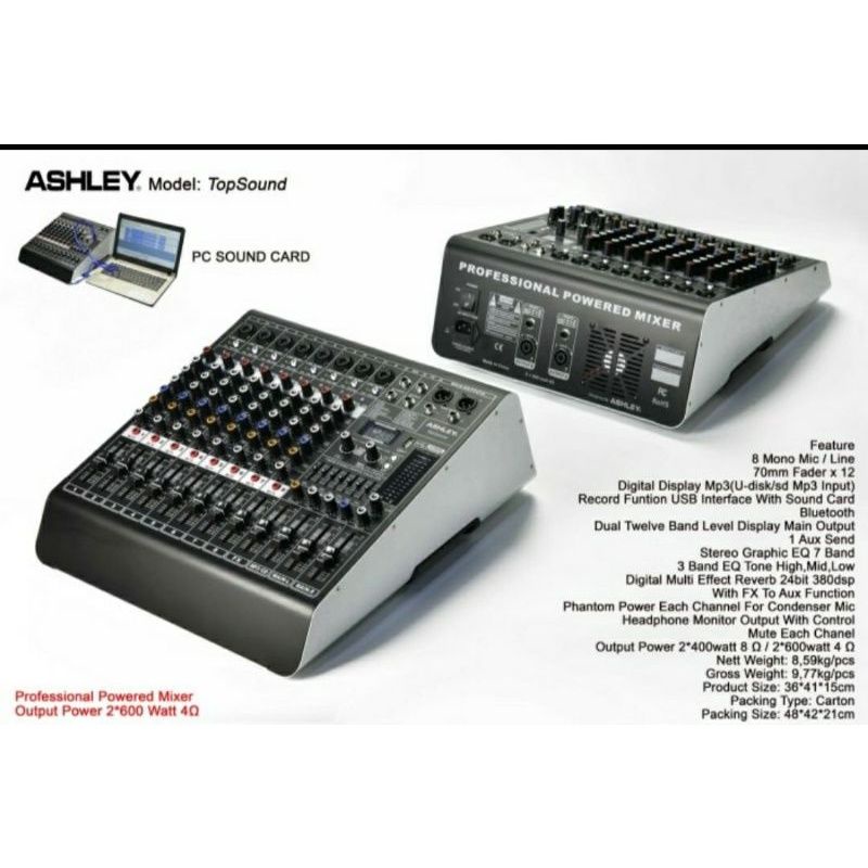 Power Mixer Ashley TopSound Original 8 Channel Bluetooth - PC Soundcard