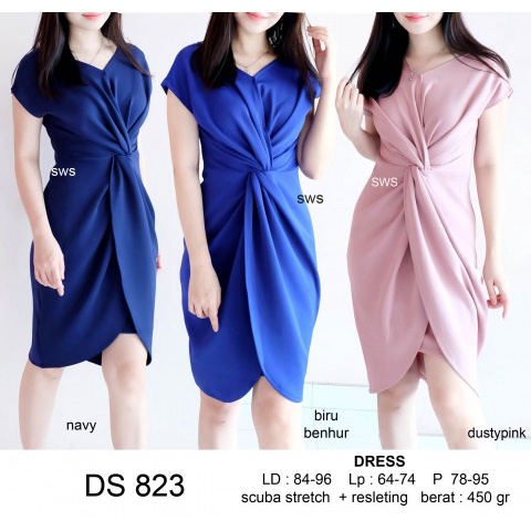 DS823 - DRESS SEPAN SCUBA KANTOR MIDI KNOT WANITA GROSIR MURAH