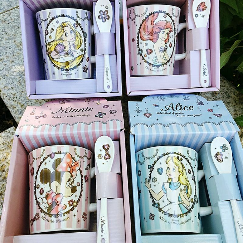 Gelas Ariel Keramik Set Sendok Disney Mermaid Princess Minnie Rapunzel Alice