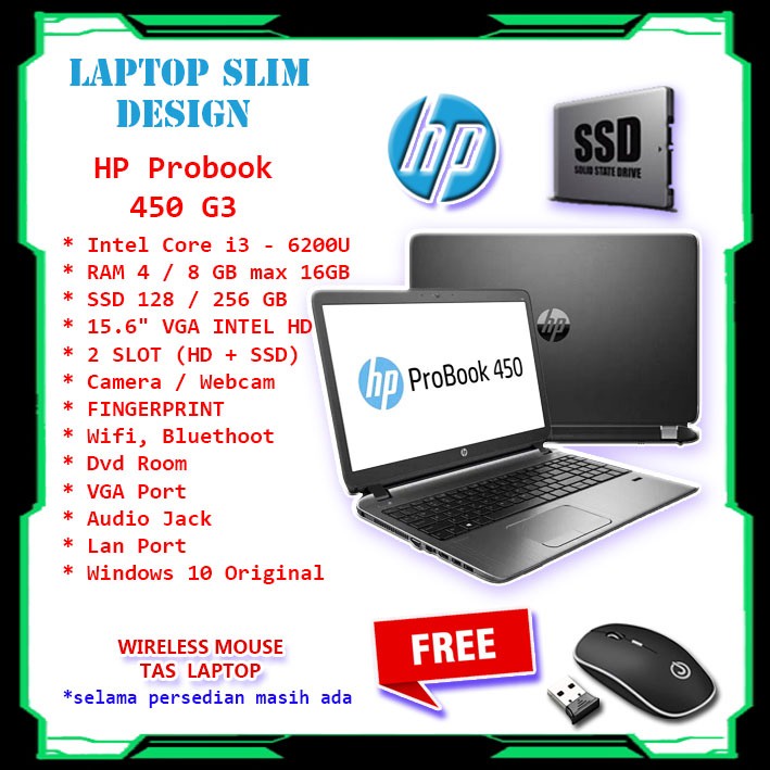 LAPTOP DESIGN HP PROBOOK 450 G3 INTEL CORE i3 GEN 6 RAM 16GB SSD 256GB