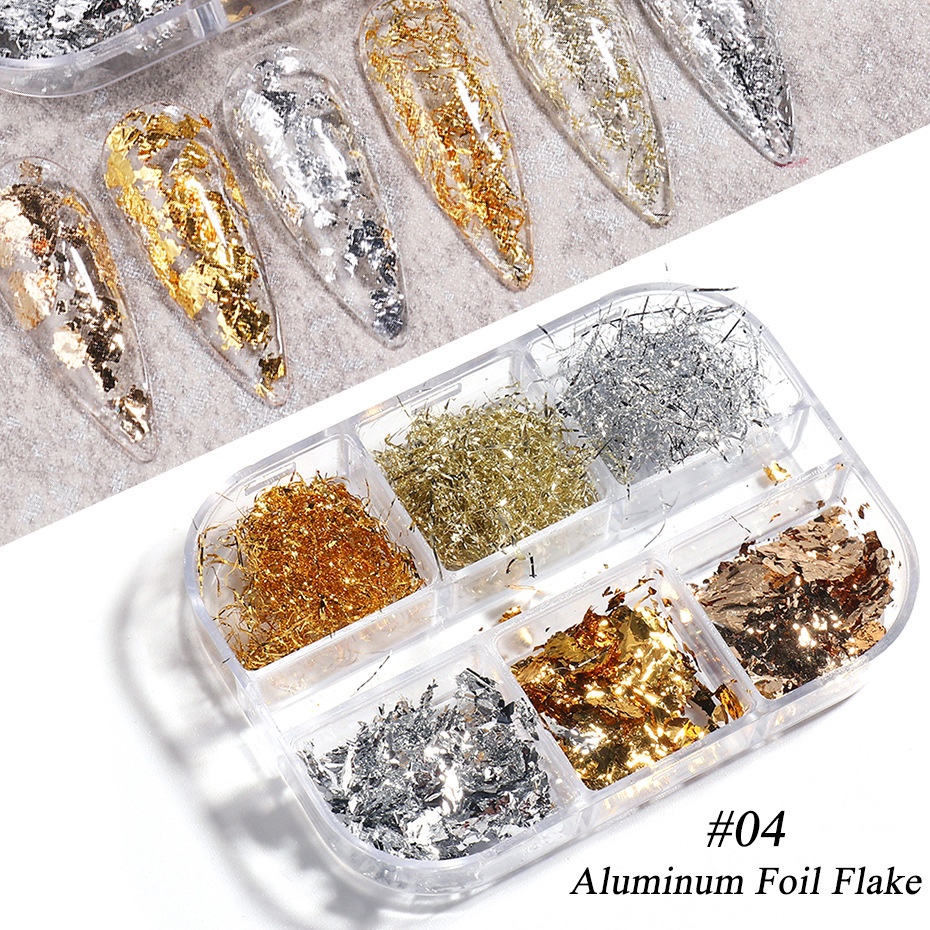 6 Sekat / Kotak Stiker Foil Glitter Sequin Asimetris Emas dan Perak Warna Dekorasi Nail Art Diy