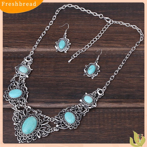 Terlaris Women's Hollow Tibetan Oval Turquoise Bib Collar Necklace Earrings Jewelry Set