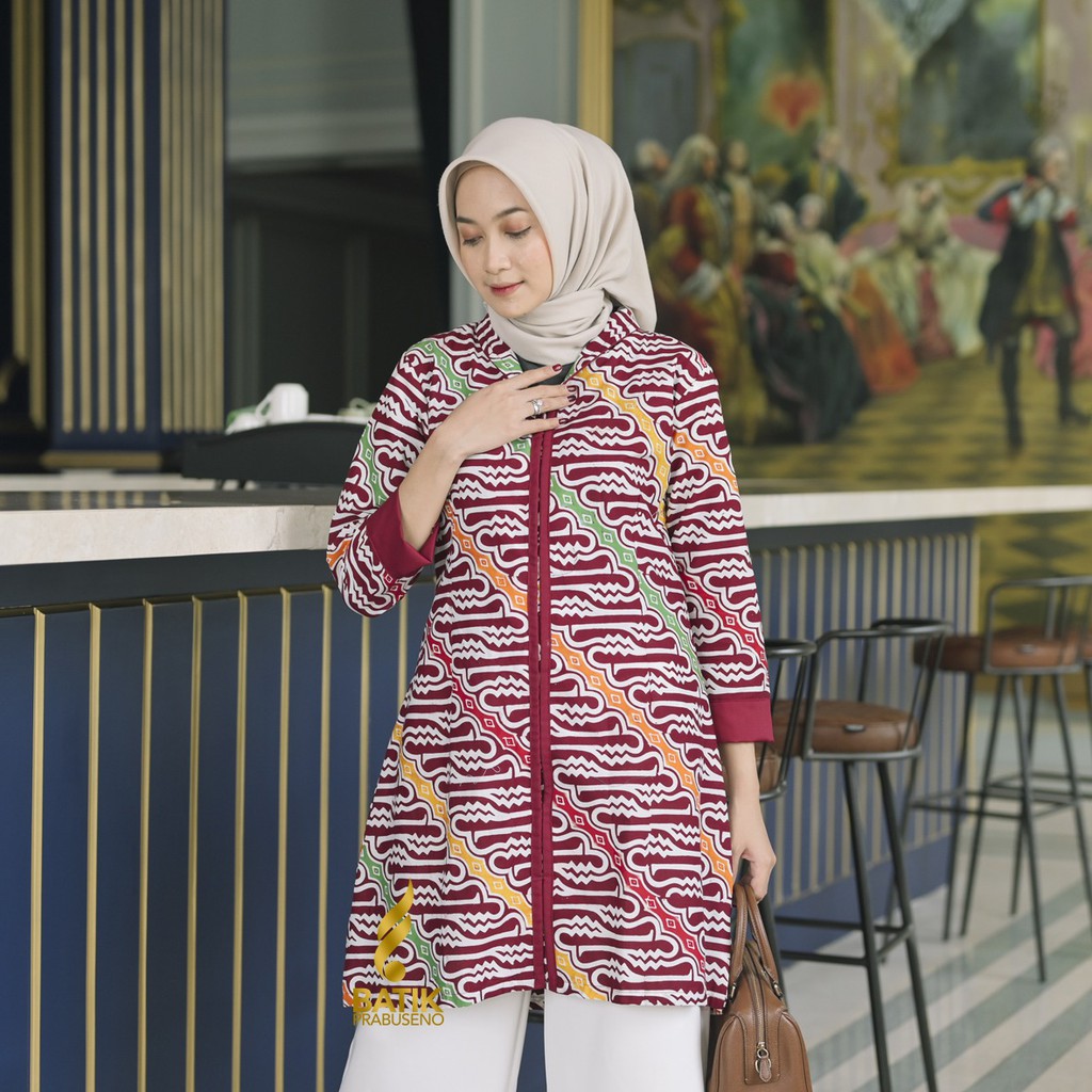 Tunik Grania Batik Wanita Lengan Panjang Original Prabuseno Baju Tunik Atasan Kerja Kantoran Modern 