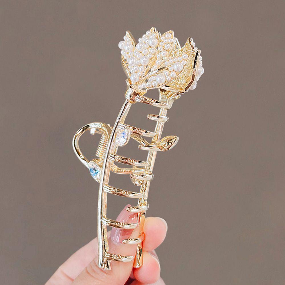 Agustina Wanita Cakar Rambut Trendi Elegan Mutiara Jepit Rambut Lotus Zirkon Hiu Klip