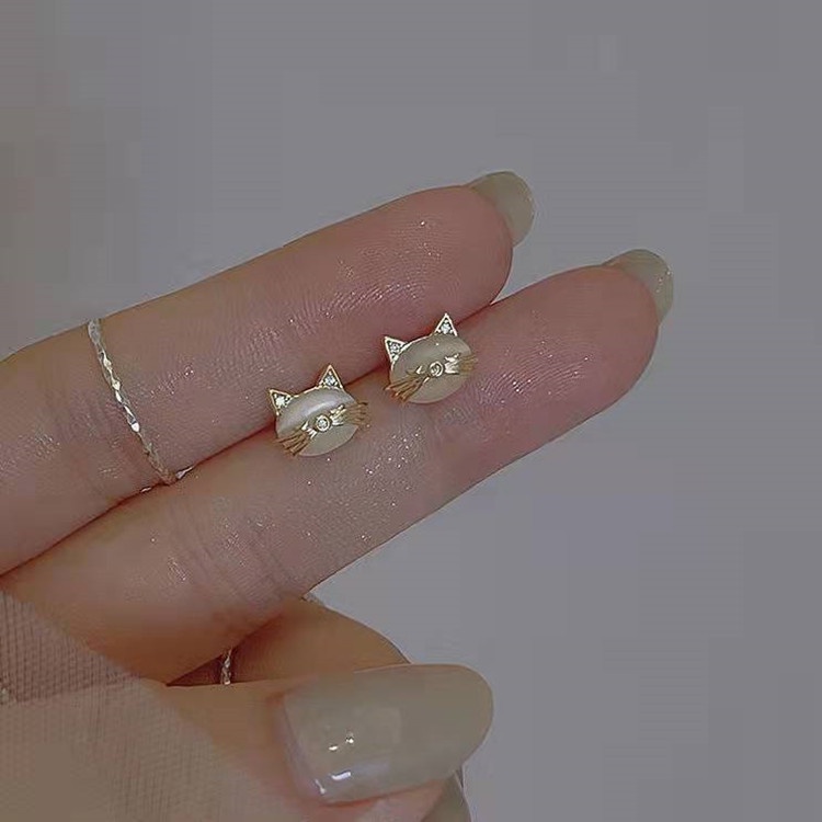 Anting Tusuk Motif Kucing Bahan Alloy Hias Batu Opal Imitasi Untuk Wanita