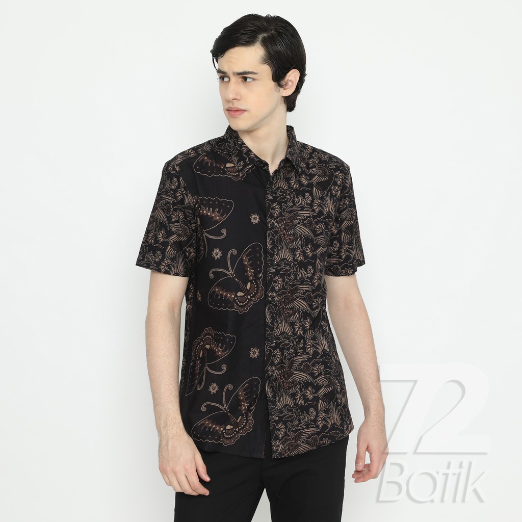 KEMEJA BATIK PRIA Lengan Panjang Slimfit Premium Bangau Two Tone Siang Sore Hitam 728063 Cap 72 - Baju Kemeja Atasan Pakaian Setelan Batik Pria Cowok Laki Laki Remaja Keluarga Kantor Lengan Panjang Modern Slimfit Slim Fit Premium Kekinian