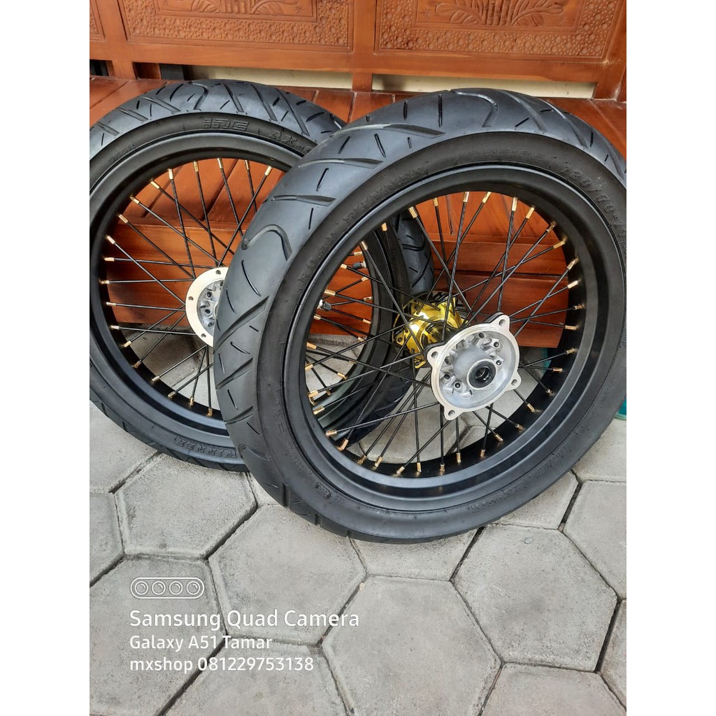 SEPAKET SUPERMOTO WHEELSET BAN SET, VELG SET, MURAH PNP KAWASAKI KLX 150L, BF, DTRACKER