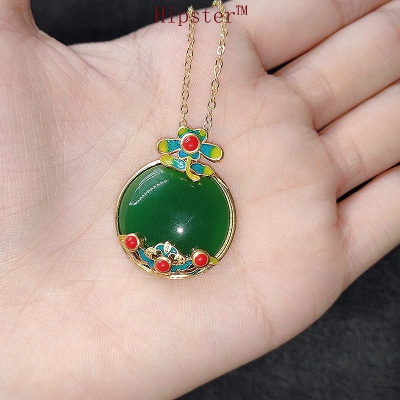Gold Inlaid with Jade Craft Necklace Pendant for Women