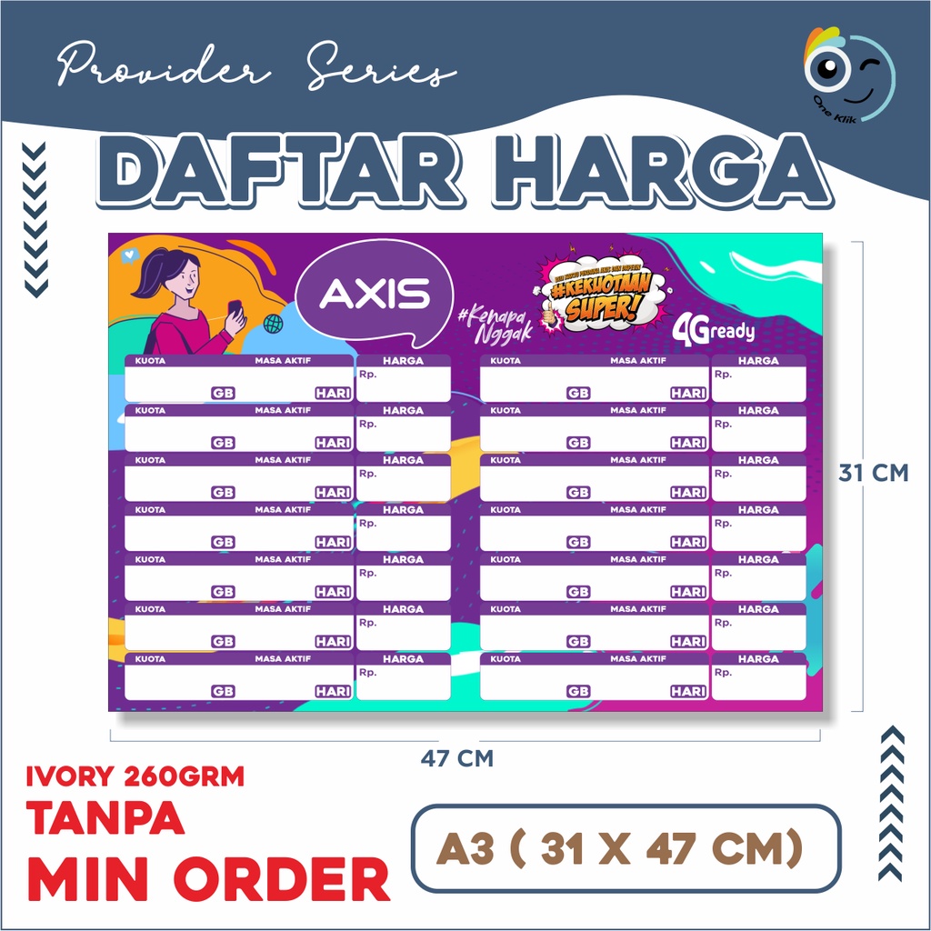 Poster Konter Daftar Harga Paket Data / Poster Paket Data Konter / Poster Provider Ivory 260