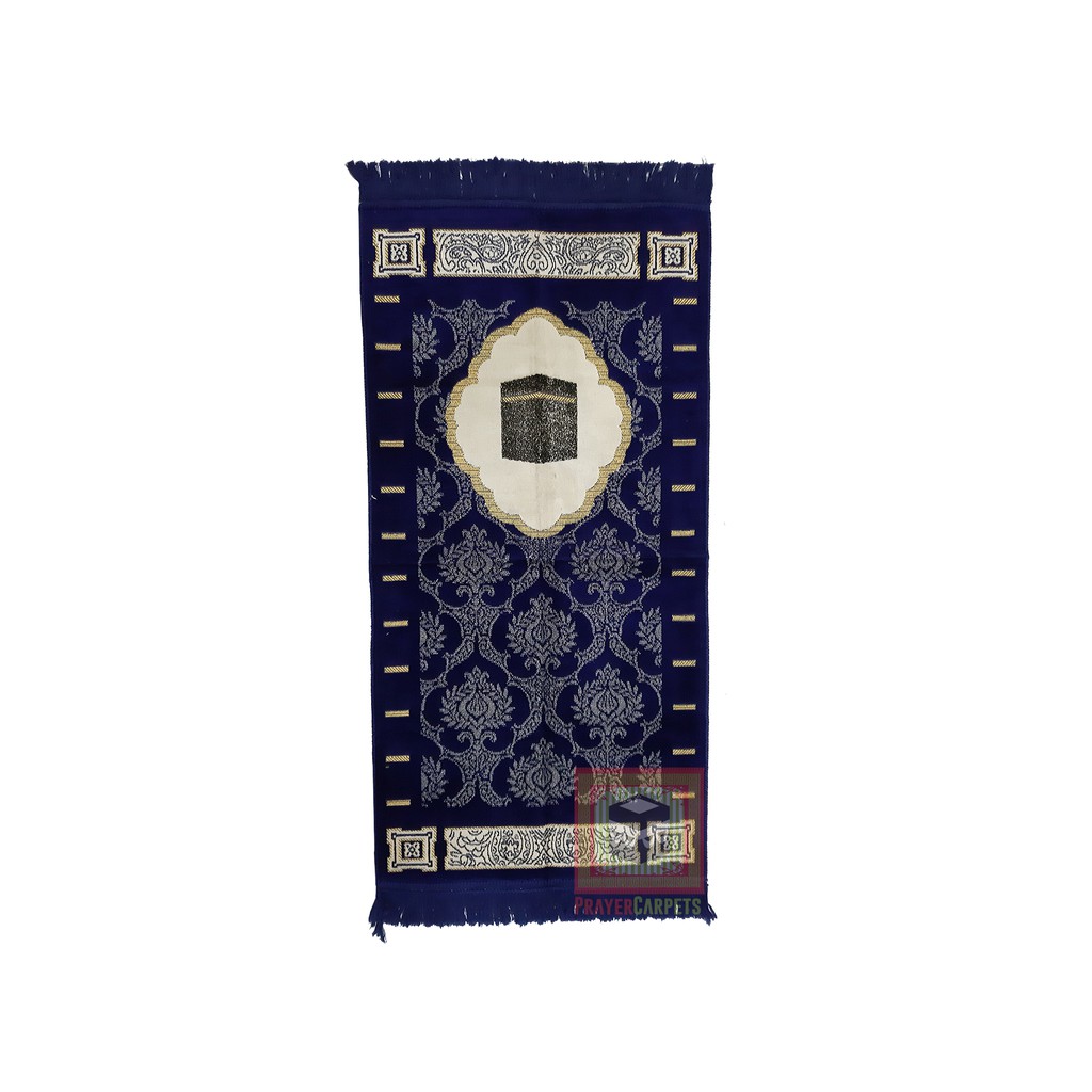 Sajadah Muslim Size 51x102cm Dark Blue Desain Kakbah Dengan Glitter Emas Motif Line Arch