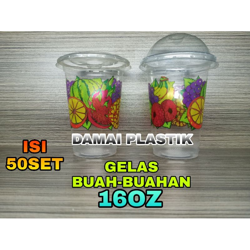 Gelas Buah 16oz Cup Buah 16 OZ Berat + Tutup Cembung Rata printing Gelas Plastik Motif buah