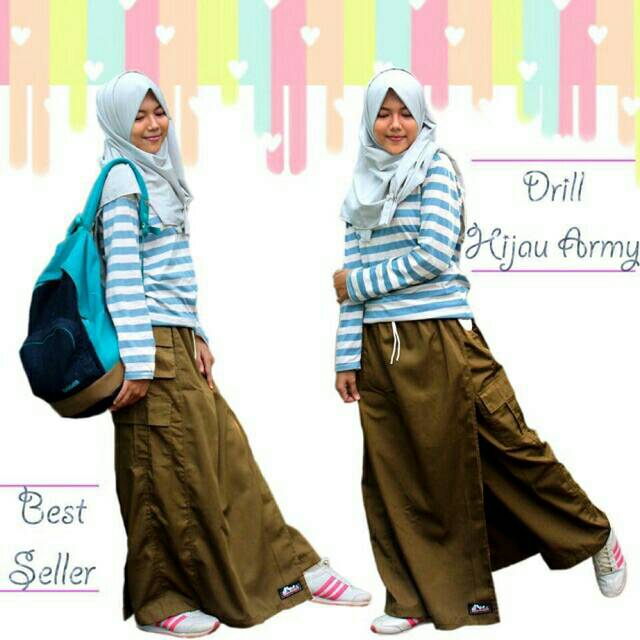 Rok Celana Muslimah Bahan Drill Warna Hijau Army Rickyrieez