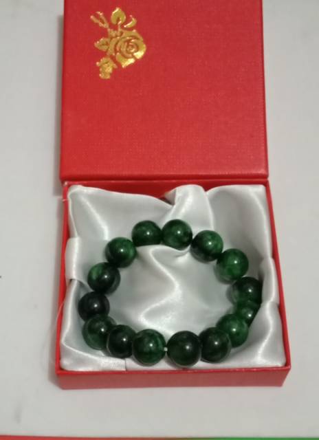 Gelang batu giok hijau lumut+kotak 12 mm