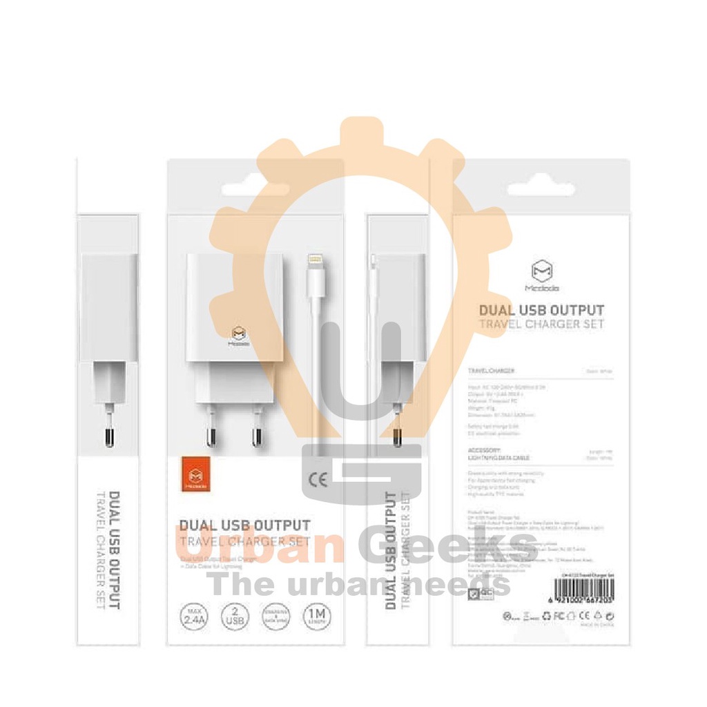 Travel Charger Adaptor Dual USB &amp; Kabel Data 5V 2.4A Fast Charging CH6720  Mcdodo